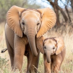African Elephant Mother and Calf in Savanna Grassland (1)