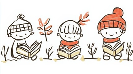 Obraz premium Cute children reading outdoors in winter clothes with nature elements