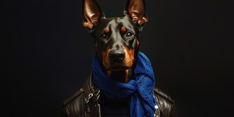 Dog wearing a blue scarf and a leather jacket
