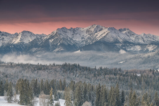 Winter landscape in Tatra Mountains at snowy day.