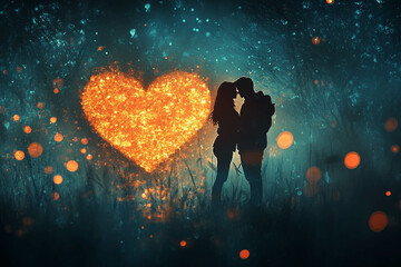 Obraz premium A romantic silhouette of a couple kissing against a dreamy background with a glowing heart shape and soft bokeh lights.