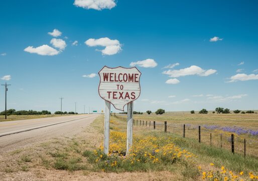 Vintage welcome to Texas road sign in rural landscape with blue sky and wildflowers