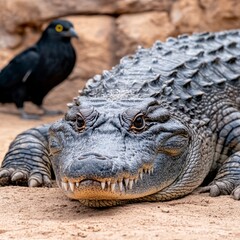 Obraz premium Alligator and Blackbird Encounter in Desert Habitat