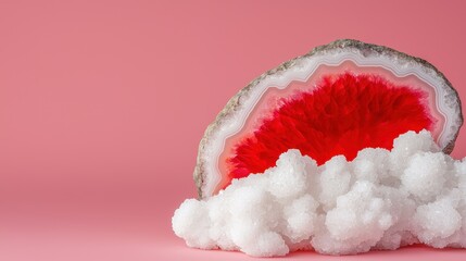 Vibrant Red Agate Slice with Soft White Crystal Formation Display