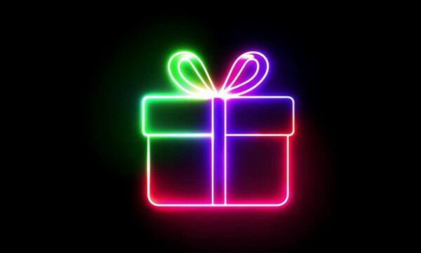 Neon glowing gift box outline in vibrant red, green, and blue lights on a dark background