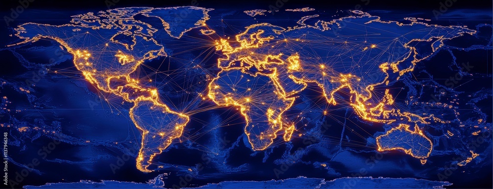 Poster global network map with bright connection lines highlighting major cities and data flow across conti