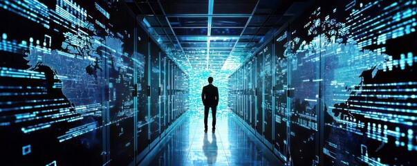 Fototapeta premium Silhouette of a Business Professional in a High-Tech Data Corridor Surrounded by Digital Graphics and Virtual Interfaces Representing Modern Technology