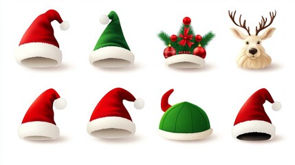 Festive Christmas holiday hats. Funny 3D elf, snow reindeer, and Santa Claus hats for the Noel sign. Elves fur cap clothes, decoration Xmas costume cartoon isolated vector icon set. 