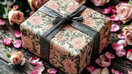 Beautifully wrapped gift box with floral design surrounded by rose petals and fresh roses on a rustic wooden surface for celebrations or special occasions