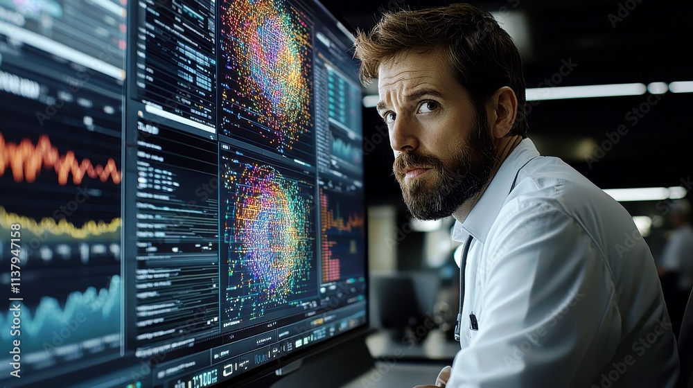 Poster focused analyst examining data visualization on large screen with vivid graphs in modern office envi