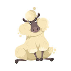 Funny Sheep Farm Character with Wooly Body and Hoof Sitting Vector Illustration