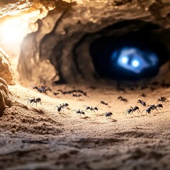 Obraz premium Ants Exploring a Dark Cave Entrance at Dawn
