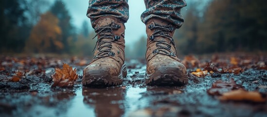 Muddy boots in autumn forest.