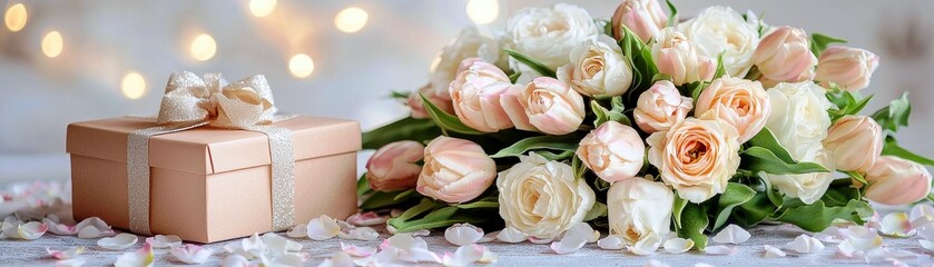 Fototapeta premium Elegant arrangement of soft pink and white roses with tulips beside a delicate gift box on a rustic background with blurred lights