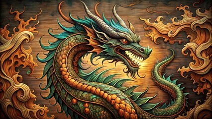 Obraz premium Vintage Woodcut Dragon Art: Mystical Creature, Fantasy Illustration, Ancient Beast, Legendary Dragon, Gothic Style, Wood Engraving Print