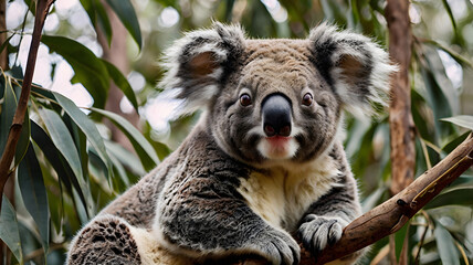 Fototapeta premium Koala in the Eucalyptus: A close-up portrait of a cuddly koala perched on a eucalyptus branch, its soft fur and inquisitive gaze captivating the viewer.