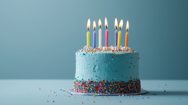 Vibrant Blue Birthday Cake with Colorful Candles and Sprinkles