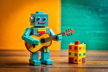 Fototapeta premium Voxel Isometric Robot 3D Model Toy Playing Guitar in a Colorful Environment with Copy Space for Creative Designs and Illustrations