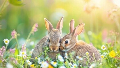 Two Baby Rabbits Huddle Together In Spring Flowers