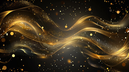 Abstract golden circles and lines on shiny black background with glowing glitter effect. Flowing composition of swirls, circles, and lines with light textured pattern. 