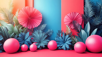 Obraz premium Vibrant Tropical Still Life with Pink Spheres and Blue Foliage