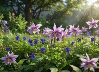 Aquilegia flowers swaying in the wind amidst lush greenery, gentle breeze, spring garden