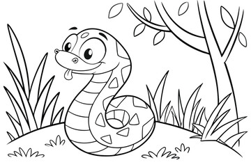 cute Rattlesnake, some grass and a tree, coloring book