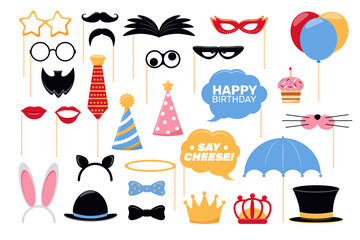 Cartoon photo booth props. Funny party decor for photography shooting. Fun event accessories. Beards with mustaches. Eyeglasses and hats. Rabbit ear headband. Vector carnival masks set