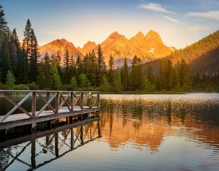 A tranquil mountain lake at sunrise, with soft golden light reflecting off the calm water. The...