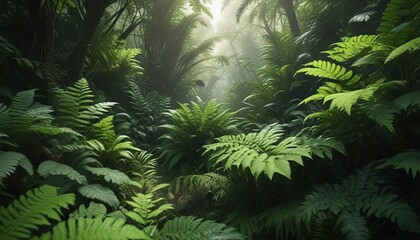 Obraz premium Large green leaves and ferns in a dense jungle environment with dappled light, verdant landscape , natural scenery