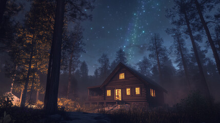A house in the middle of a valley with a beautiful view of the Milky Way at night.