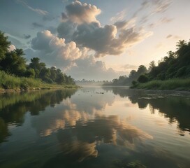 Soft green clouds drifting across a peaceful river at dawn, natural, calm, rural