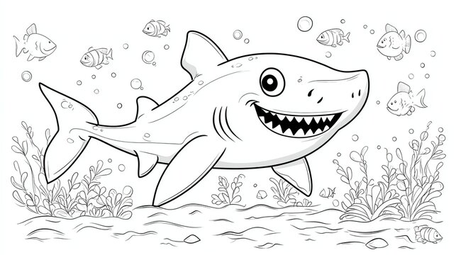 A line drawing of a cartoon shark swimming in the ocean with seaweed and fish.