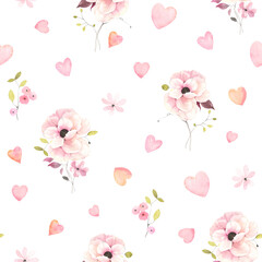 Delicate seamless pattern with pink flowers and pink hearts, isolated watercolor illustration for wallpapers, textile or background. Hand drawn print.