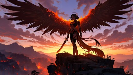 Phoenix Warrior with Fiery Wings and Flaming Sword at Sunset