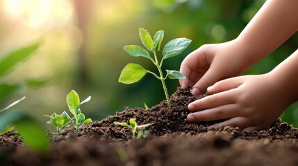 Hands of a child gently planting a young green seedling in fresh soil, symbolizing growth, nurturing, and the importance of nature and environmental care