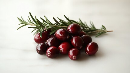 A pile of cranberries with a sprig of rosemary, highlighting their festive appeal for holiday themes