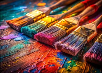 Obraz premium Well-Used Paint Brushes with Vibrant Color Traces on Canvas, Reflecting the Joy of Hobbies and Creative Leisure Time Activities in a Colorful and Artistic Setting