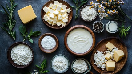 Indulge in nature's dairy delights with this fresh showcase of wholesome products. Savor the creamy richness of milk, golden butter, tangy yogurt, and delectable cheese