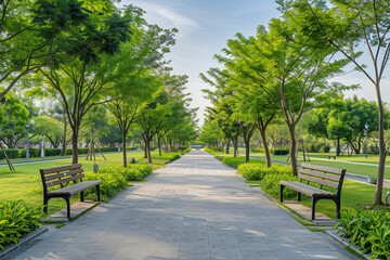 A wide park sidewalk flanked by benches, lush greenery, and trees, with modern landscape design