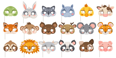 Fototapeta premium Cartoon animal party half masks. Carnival props. Kids funny gaming elements. Photo booth objects. Cute hare and chicken. Birthday costume. Deer and tiger. Panda head. Recent vector set