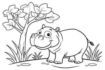 cute Hippopotamus, some grass and a tree, coloring book