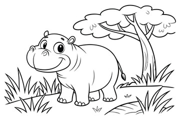 cute Hippopotamus, some grass and a tree, coloring book