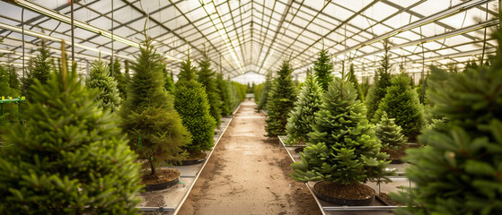 Obraz premium Expansive greenhouse filled with meticulously arranged evergreen trees, blending natural beauty and industrial design.