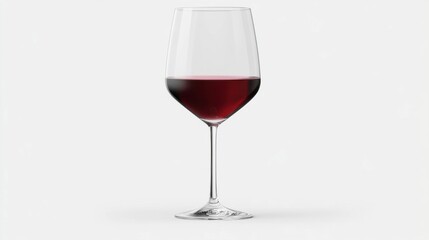 Red wine fills elegant glass;white background.