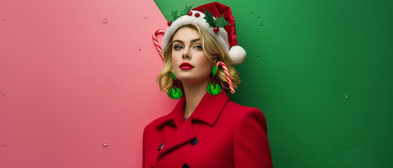 Holiday-inspired image of a blonde woman in a red coat and Santa hat, standing against a bold green and pink backdrop.