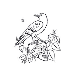 Hand drawn monochrome inky sketch style raven or crow sitting on human skull isolated on white background. Mystic black bird and head bone surrounded by nettle leaves Halloween design
