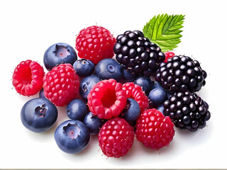 Sweet, ripe berries - raspberries, blackberries, and blueberries - isolated on a white background