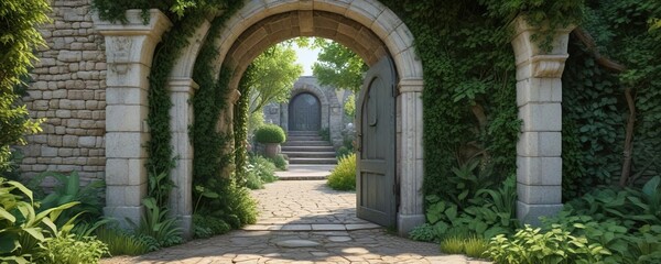Entrance to a garden with an arched stone doorway and foliage, peaceful, outdoorsy, stone doorframe
