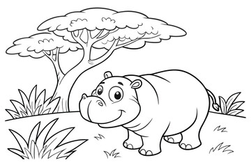 cute Hippopotamus, some grass and a tree, coloring book
